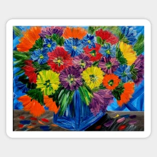 A beautiful bouquet of abstract flowers in a stunning vase on a table Sticker